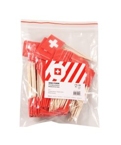 Piques décoratives drapeaux Suisse 8 cm bois paquet à 100 pièces