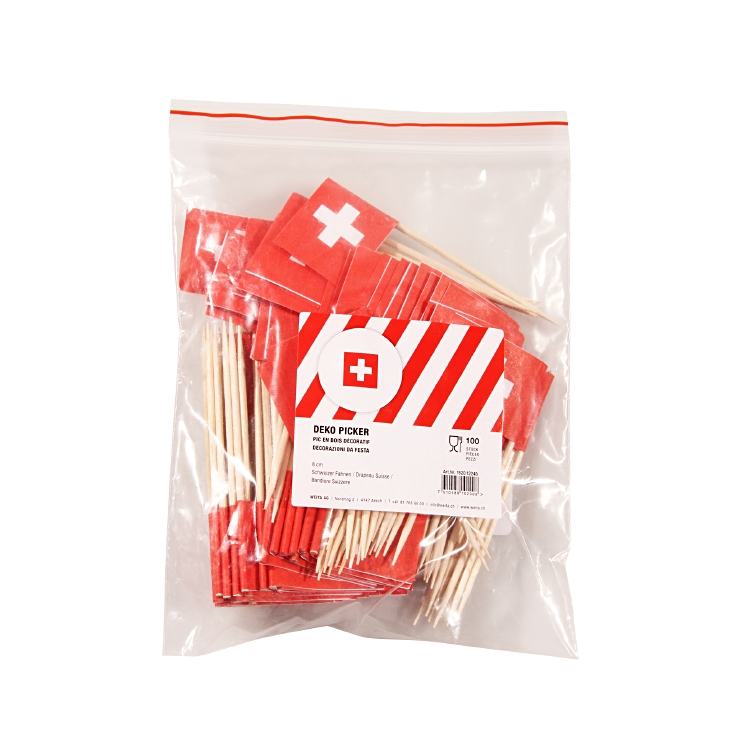 Piques décoratives drapeaux Suisse 8 cm bois paquet à 100 pièces